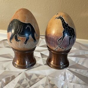 Hand Painted Giraffe and Rhino Alabaster Eggs on Original Copper Stands